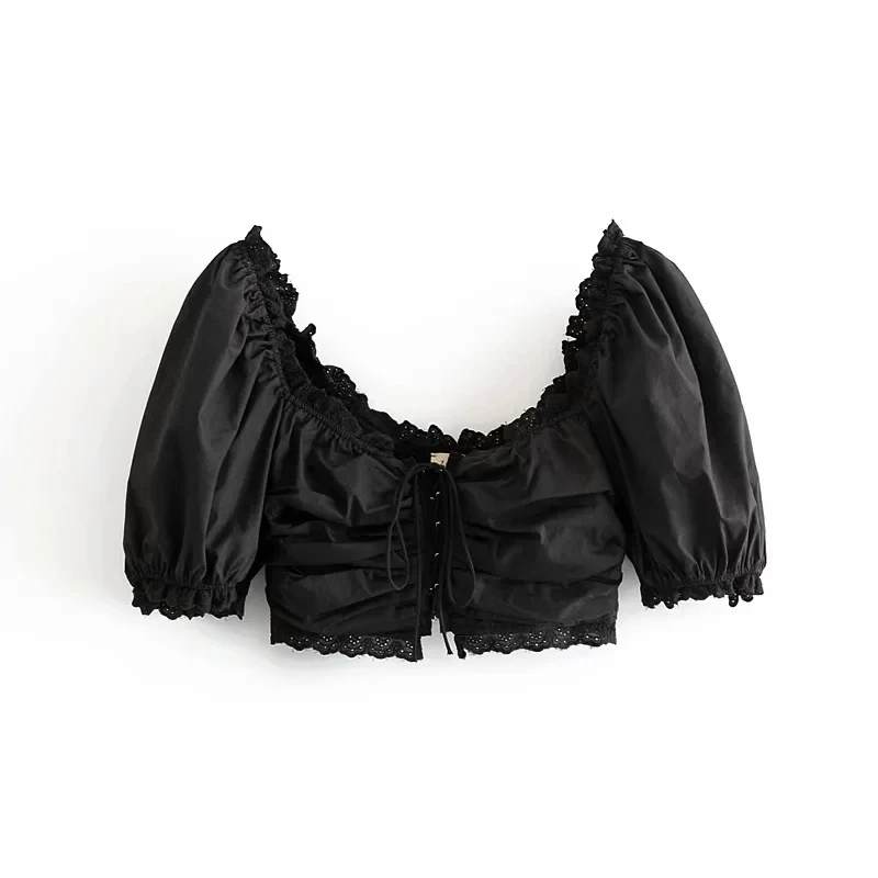 Блузка женская укороченная с оборками милая пикантная модная эластичная рубашка