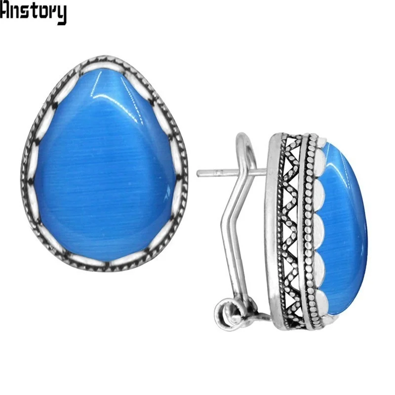 2 Colors Water Drop Opal Earrings Stud Vintage Lady Antique Silver Plated Push Bback Fashion Jewelry TE510|Серьги-гвоздики| |