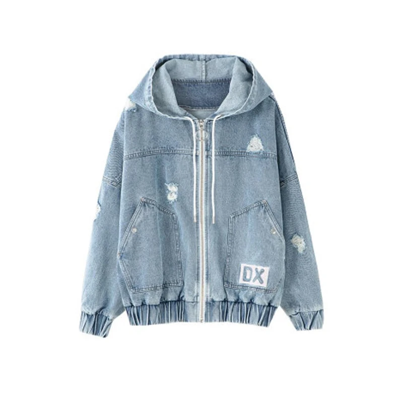 Женская джинсовая куртка с вышивкой Корейская уличная одежда на молнии дырками