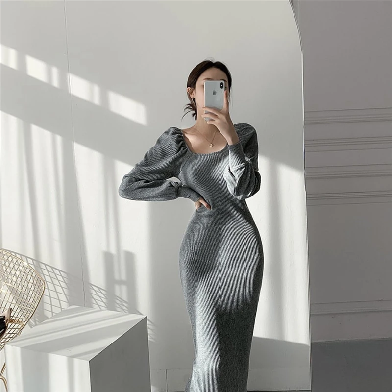 

French Retro Thin Slim Woman Knitted Dress Women Korean Square Collar Bodycon Puff Long Sleeve Sweater Dress Lady Knit Dress New
