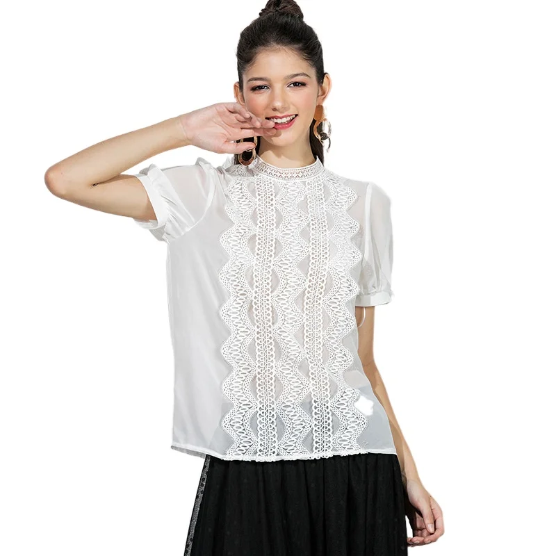 

White T-shirts Women Short Sleeve Lace Collar Tee Shirt Ladies Blouse O Neck Blouses Women Casual Mesh Tops Beach Perspective