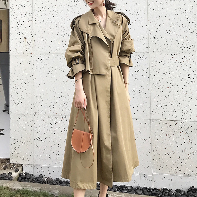 Тренч Женский со шнуровкой и отложным воротником длинное повседневное пальто