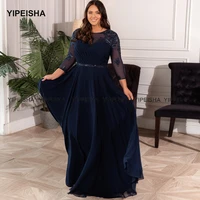 yipeisha plus size evening dress with sleeves navy blue chiffon formal party dresses long beaded wedding guest gown customized