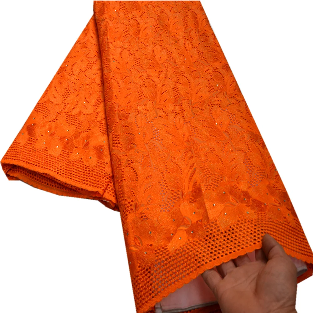 

Orange Swiss Voile Lace In Switzerland With Stone High Quality Swiss Dry Lace 5Yards Embroidered African Lace Fabric For Dress