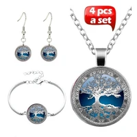 4 pcsset glass cabochon necklace earrings bangle life of tree art picture pendant statement chain for women jewelry