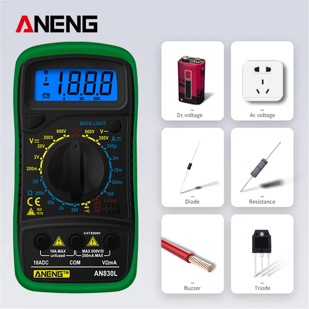ANENG AN830L Ручной цифровой мультиметр с ЖК-подсветкой Портативный AC/DC амперметр вольтметр тестер напряжения метр Multimetro