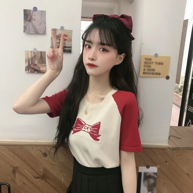 

Women T-Shirts Casual Bow Print T-Shirt Summer Tops Tees Sweet Short Sleeve O-Neck Slim T-Shirts 2020