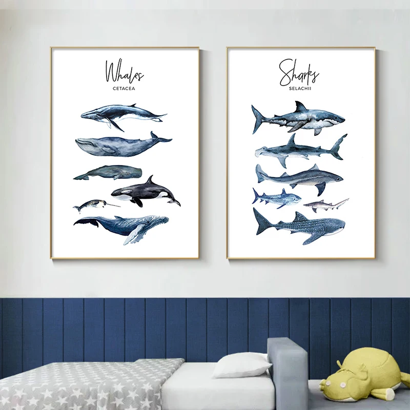 

Nordic Animal Canvas Poster Nursery Wall Art Blue Whale Shark Print Painting Nautical Modern Picture for Living Room Home Decor