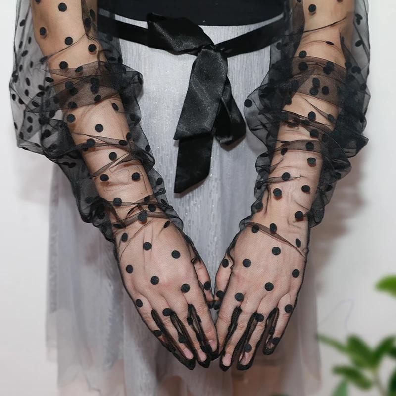 

Polka Dot Formal Prom Lace Gloves Tulle Mesh Semi Sheer 33" 85cm Long Big Puff Sleeves Black Ball Gown Party cosplay