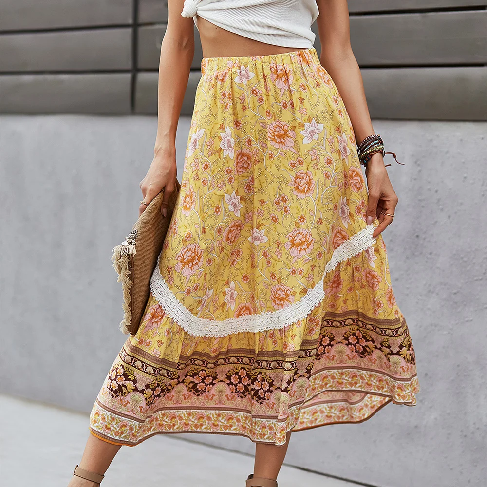 

KHALEE YOSE Floral printed midi Skirts Boho Vintage Women Sexy Pleated Skirt Ruffles Button Hippie Chic Ladies Summer Skirts