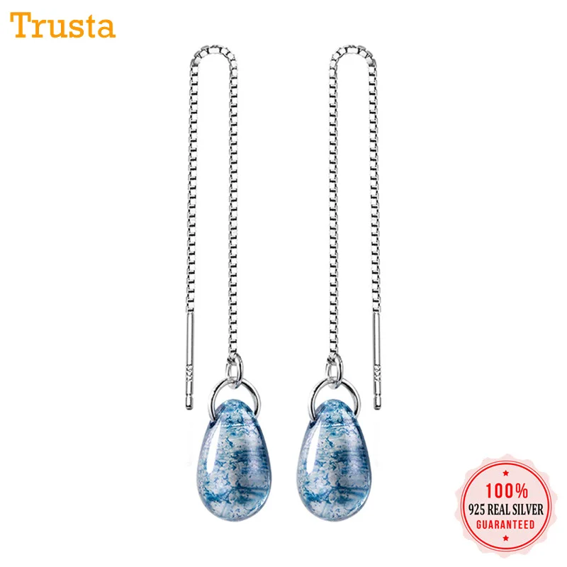 Trusta,, 925, твердые, Настоящее серебро, серьги-гвоздики, синие, в виде капли воды, связанные, 9,4 см, серьги-гвоздики, для девочек-подростков, друзей, подарок, DS1027