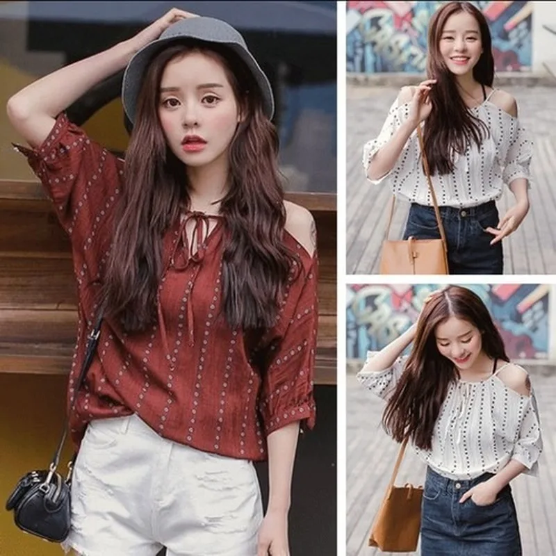 

New Spring Summer 2020 Korean Version Fashionable and Personalized Loose and Slim Neckline Lace Up Vertical Stripe Off Shoulder