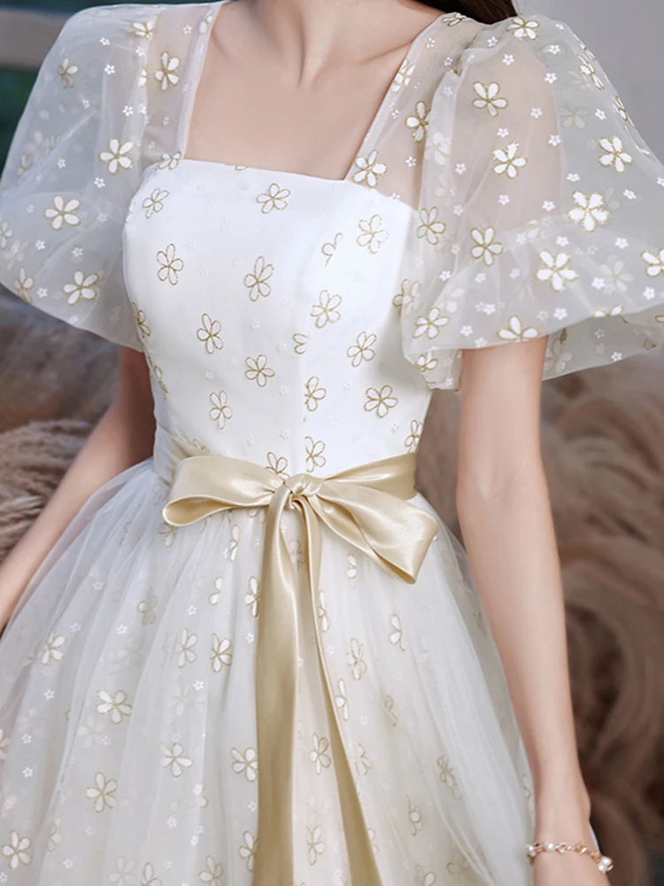 

Fashion A-Line Slim Party Dresses Simple Square Collar Floral Tea-Length Night Dress Women Summer Daily Date Dresses