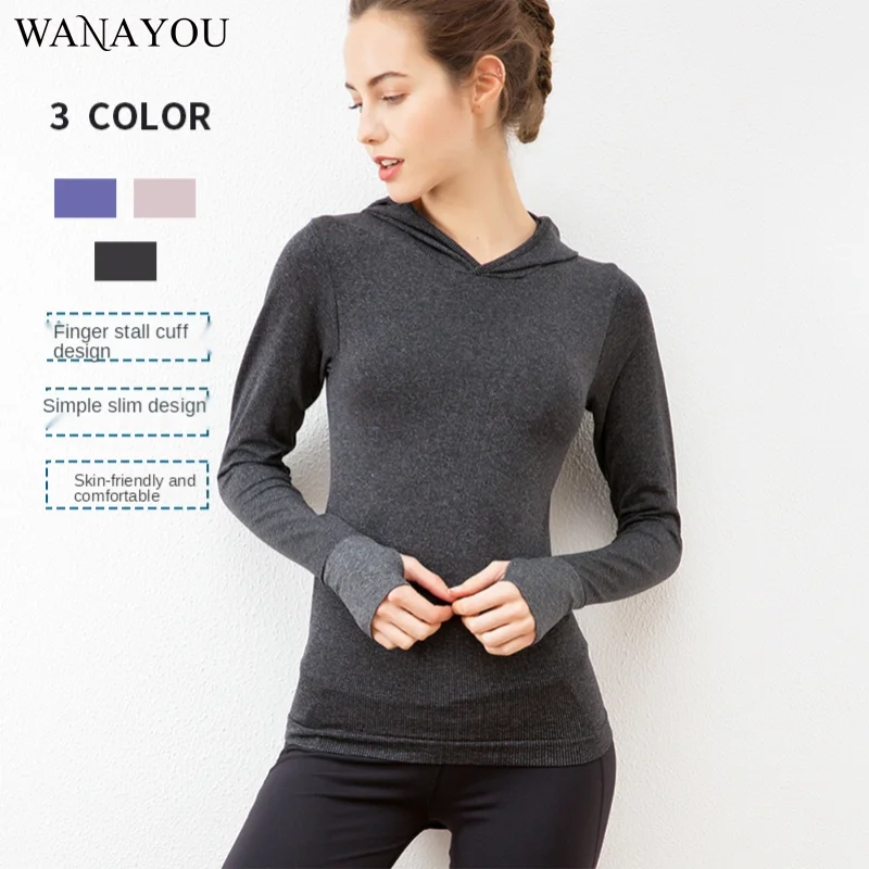

WANAYOU Slim Hooded Long Sleeves Yoga Top Women Quick Dry Elastic Fitness Workout Sports Shirt Running Training Activewear Tops