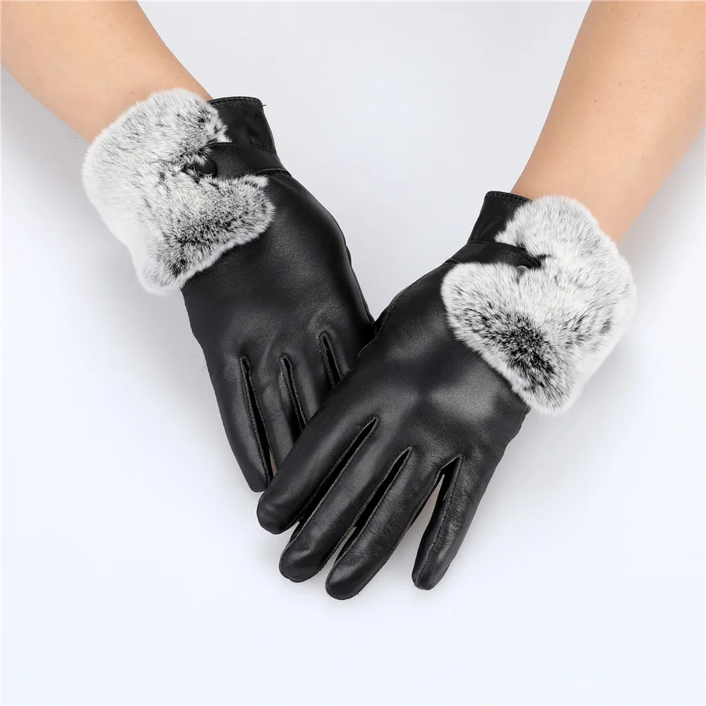 Women Lady 100% Genuine Sheepskin Leather Gloves With Rex Rabbit Fur Trimming Mittens Windproof Driving Glove Cute Mitts
