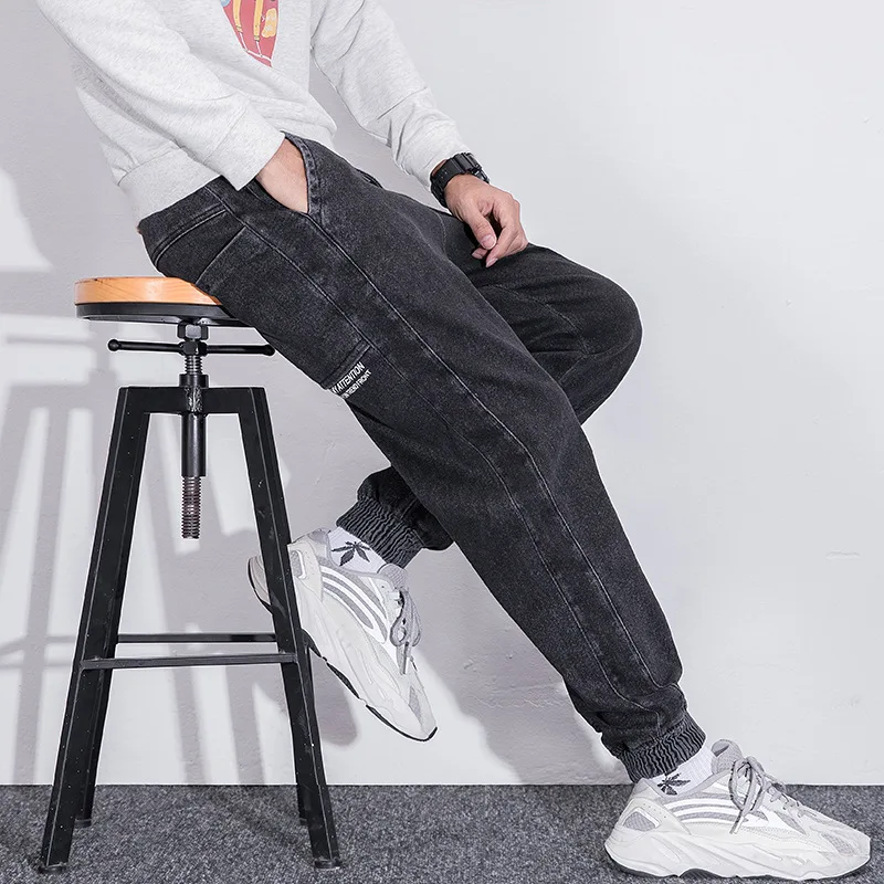 

Oversize Men's Jeans Loose Stretch Denim Trousers Male Spring Drawstring Cargo Pants Men Simple Elastic Waist Washed Harem Pants