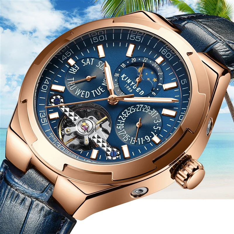 KINYUED Мужские механические наручные часы автоматические мужские s Skeleton Tourbillon Moonphase