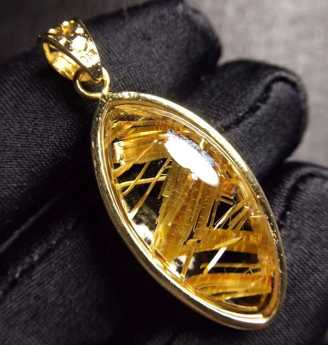 

Natural Gold Rutilated Quartz Pendant Rectangle Crystal Wealthys Necklace 29.8*16*9.7mm Jewelry Genuine AAAAAA