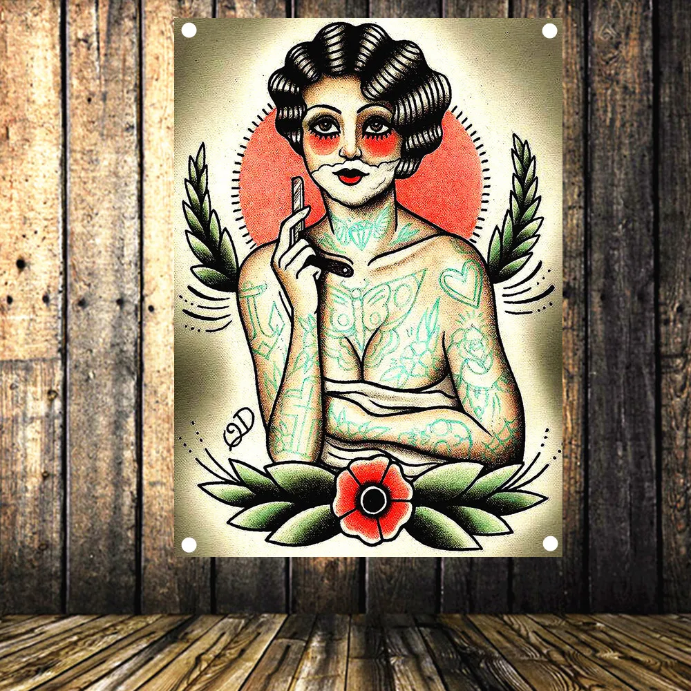

Old school class tattoo Shave Beard Barber Shop Signboard HD Cloth Printing Flag Banner Hanging Painting Wall Decor 96x144 CM F1