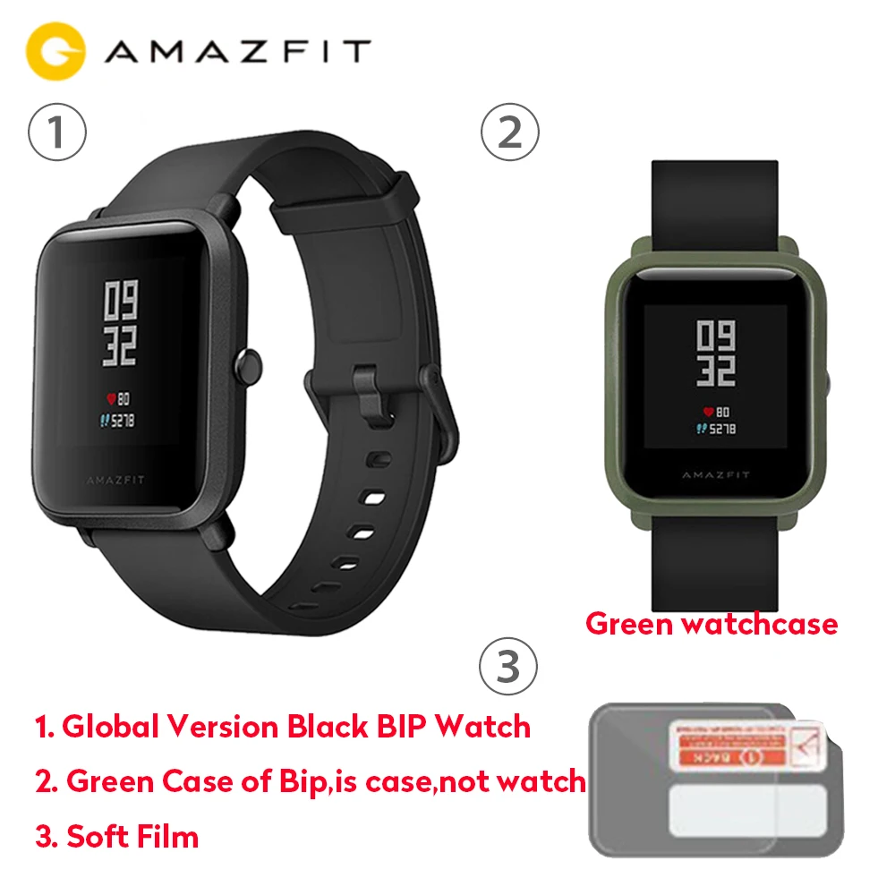 Black add Green Case Официальные Смарт-часы Amazfit Bip, gps, умные часы, 45 дней в режиме ожидания, монитор сердечного ритма, будильник, вибрация, IP68, водонепроницаемые, напоминание о звонках - Цвет: Black add Green Case