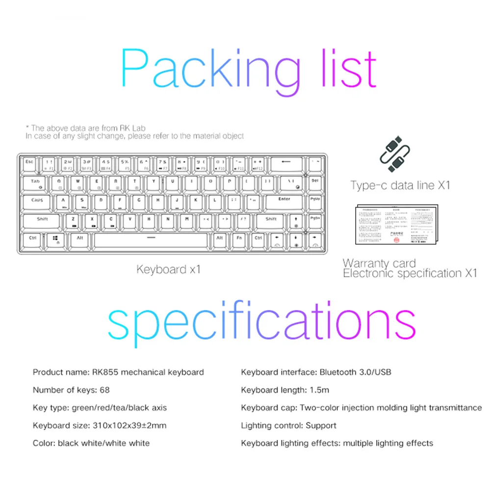 

RK855 RGB 68 Keys Wireless Bluetooth Gaming Mechanical Keyboard Green Switch Keyboard For PC Laptop Office