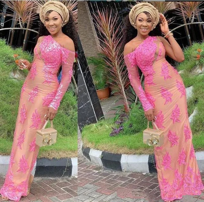 

Женское вечернее платье с юбкой-годе, розовое кружевное платье с одним открытым плечом и длинным рукавом, в арабском стиле, для выпускного в...