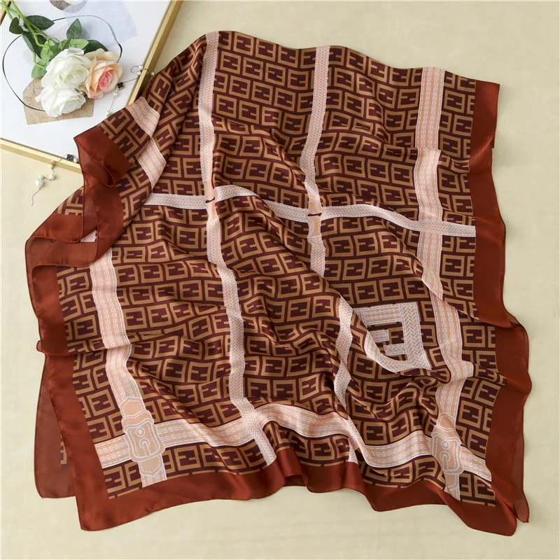 

2021 New Women Silk Scarf Luxury Brand Female Foulard Design Letter Chain Print Large Shawls Wrap Headscarf Hijabs Soft Bandana