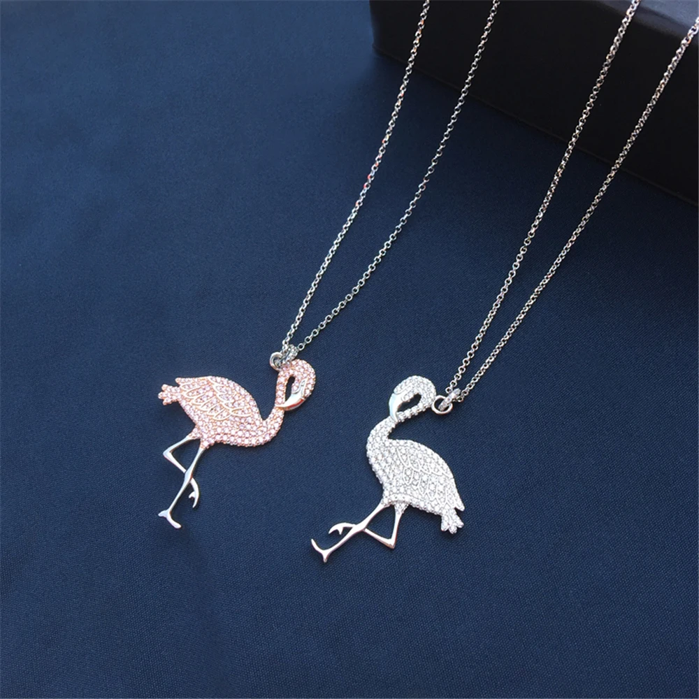 

s925 sterling silver new personality bird necklace female pink diamond flamingo mid-length sweater chain