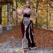 Sevintage borgonha marroquina caftan vestido de noite de veludo apliques de ouro renda sereia árabe vestidos de baile dubai formal vestido de festa (4)