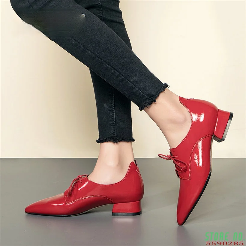 

British Women Derbies Red Soft Patent Leather Pointed Toe Flats Retro Oxfords Casual Brogues Lace-up Low Block Heel Ladies Shoes