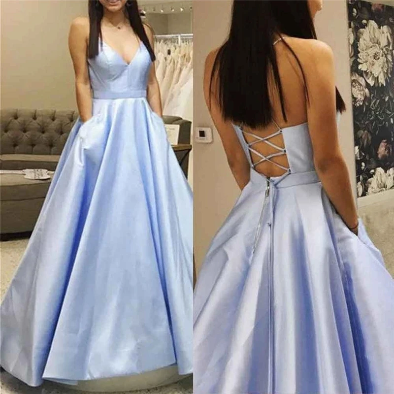 

Gorgeous Blue Prom Dresses 2019 with Pocket Satin Formal Party Dress Custom Make A-line Backless vestidos de fiesta de noche