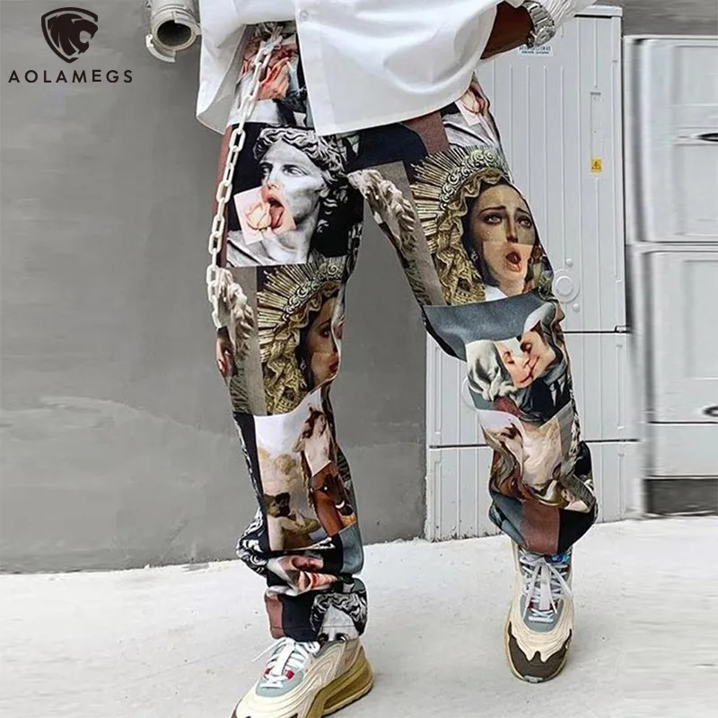 

Aolamegs Men's Pants Print Patchwork Sweatpants Oversized Hip Hop Streetwear Casual Straight Anime Sports Jogging Trousers Male