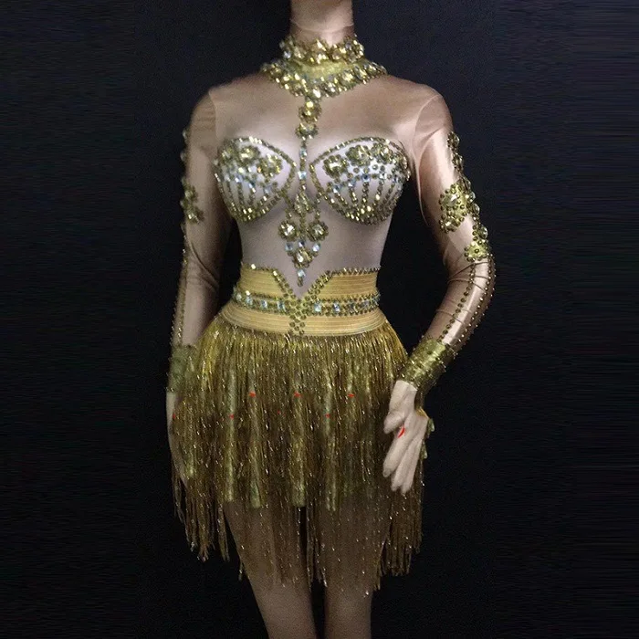 

Glisten Gold Rhinestones Tassel Long Sleeves Dress Birthday Celebrate Women's Nightclub Clothes Female Singer Outfit