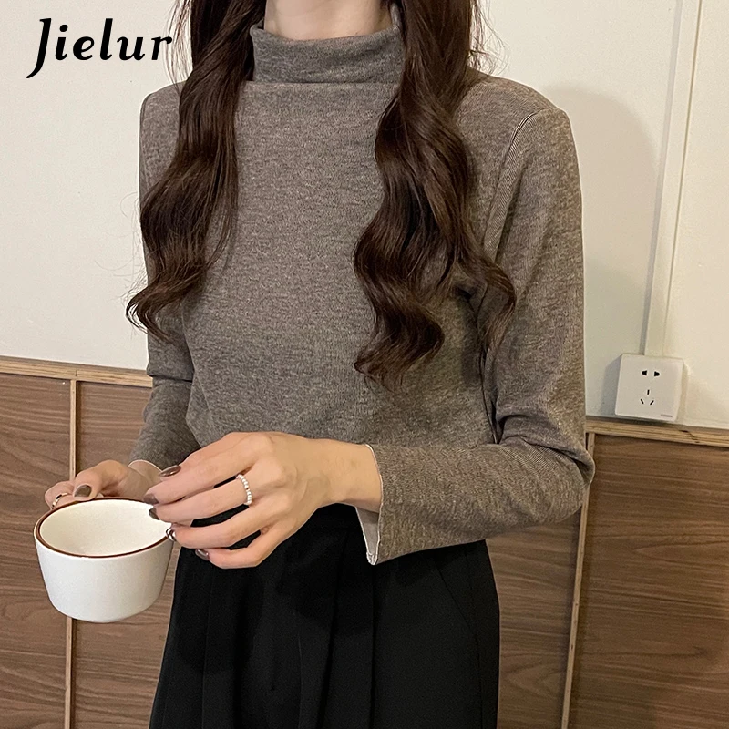 Jielur Серая эластичная женская футболка однотонная Базовая с длинным рукавом