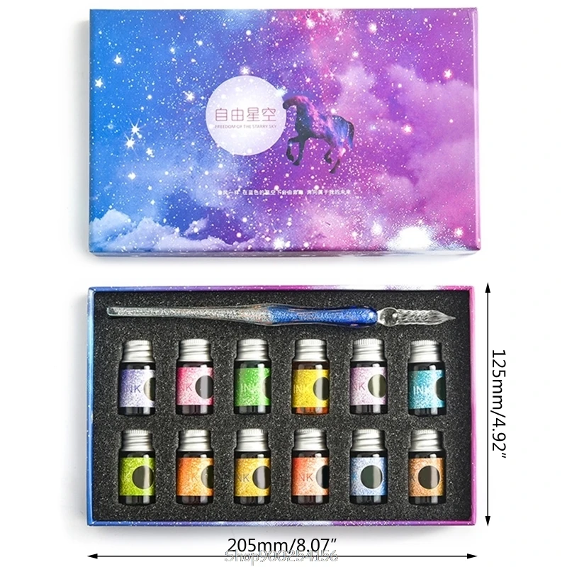 

Crystal Glass Pen Starry Sky Dip Pen Glitter Powder Fountain Pen 12 Colors Ink Gift Box Set Writing Supplies N06 20 Dropship