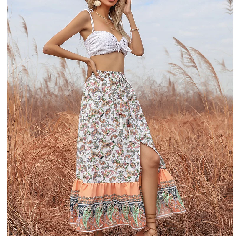 

2021 summer new women skirt fashion ethnic style long high waist printing loose and thin lace-up casual female mid-length skirt