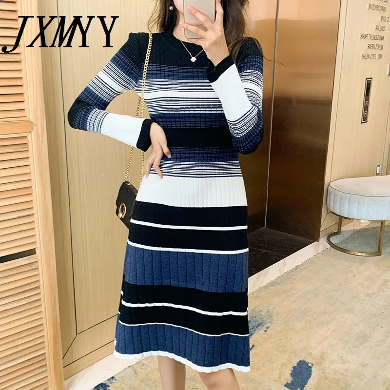 

JXMYY, новинка осень-зима 2021, модное вязаное платье в французском стиле ретро в полоску, женское платье-свитер средней длины