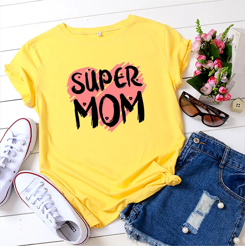 

SUPER MOM Letter Print Women T Shirt Short Sleeve O Neck Loose Women Tshirt Ladies Tee Shirt Tops Clothes Camisetas Mujer