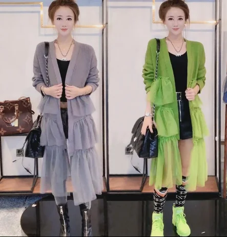 

Loose Long Cardigan for Woman 2020 Early Autumn New Women's Korean Style Knitted Sweater Cardigan Stitching Lace Long Coat