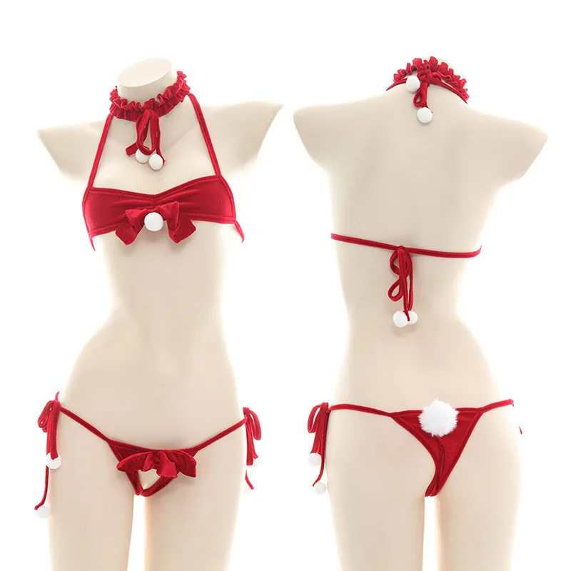 

Japanese Sexy Lingerie Suit Gift Suit Bowknot Plush Ball Embellished Hollow Ladies Three-Point Lace-Up Pajamas Role-Playing Suit