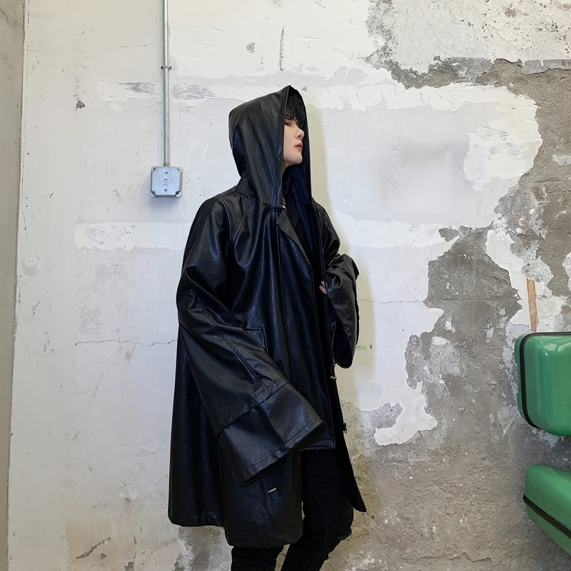 Куртка мужская кожаная с капюшоном модная ветровка в стиле хип хоп Готическая