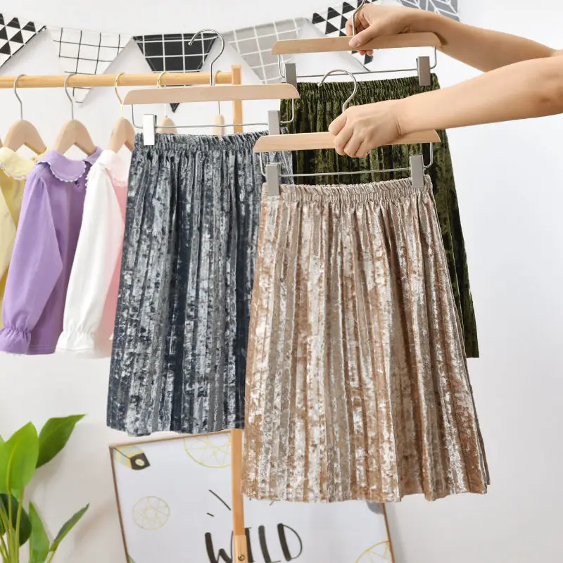 

Kids Girls Pleated Champagne Skirts Korean Style Children Princess Red Pink Velvet Skirts 2021 Casual Spring Autumn Shiny Skirts