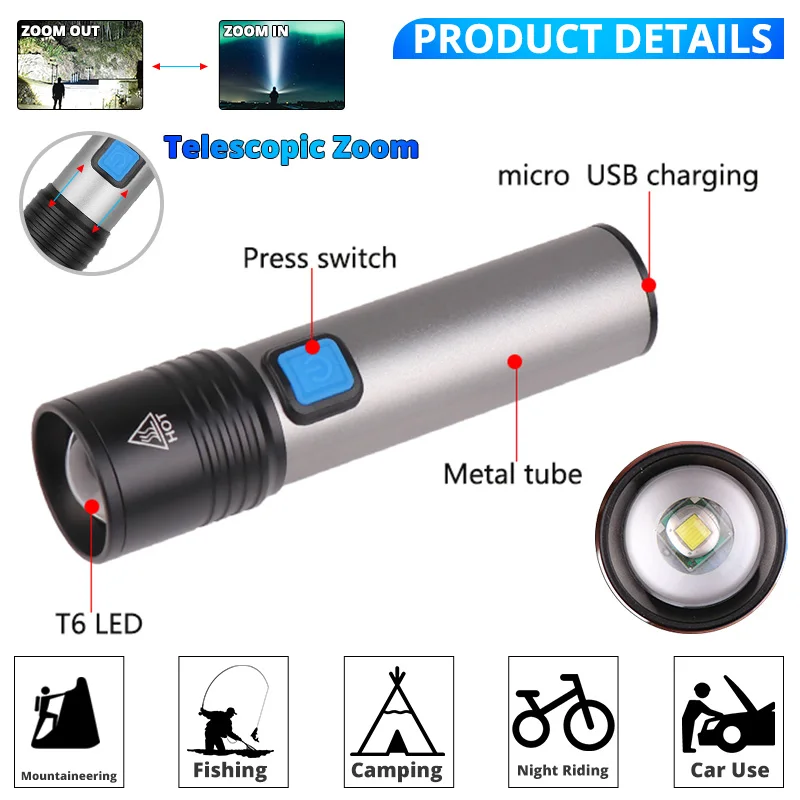 

Newest T6 built-in battery LED Flashlight portable 4 modes torch waterproof usb rechargeable lantern for camping,fishing