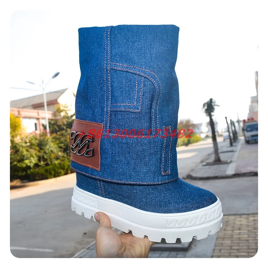 Женские джинсовые ботильоны на платформе синие ботинки средней длины толстой