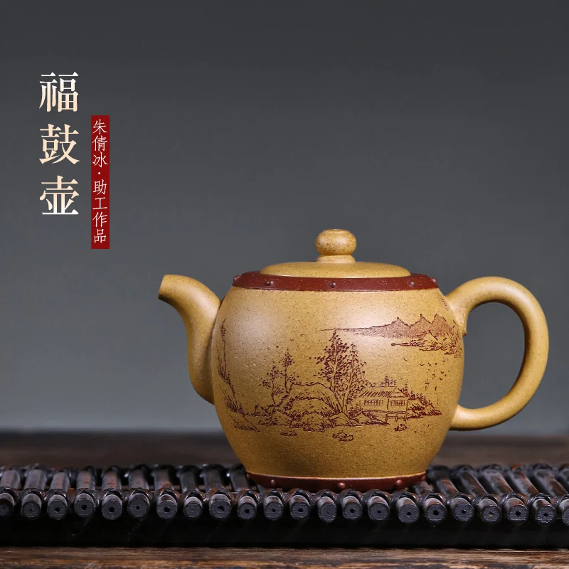 

★assistantengineer carved painted gold period of clay teapot yixing countries 250 cc single pot of kung fu tea set