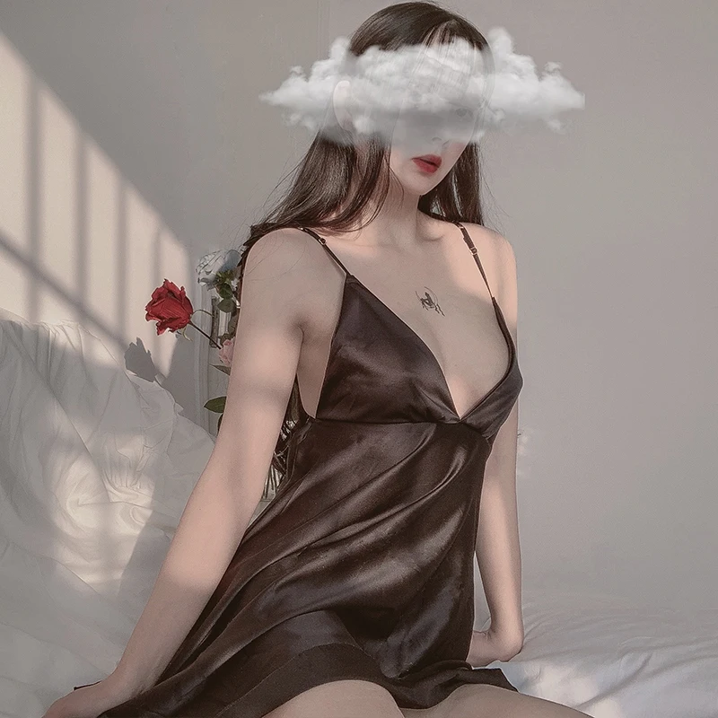 Для женщин Ночная атласная ночная рубашка платье с угловыми крыльями подтяжками