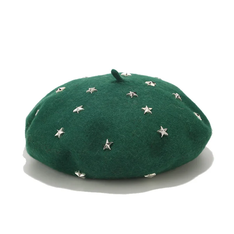 Women Girl Star Rivet Wool Beret American European Style Cool Winter Cap Solid Color Beret Painting Artist Hat
