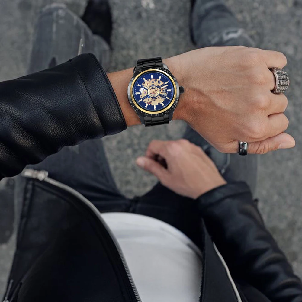 

FORSINING Brand Luxury Automatic Mechanical Watch Men Blue Mirror Case Skeleton Watches Stainless Steel Strap Army Male Clock