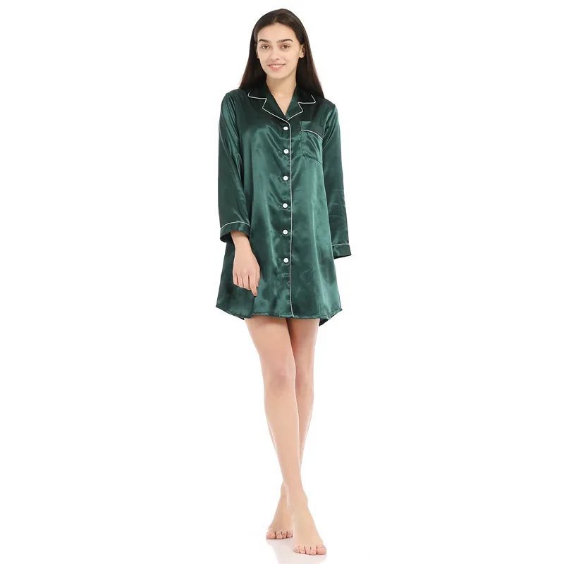 

Casual Sleep Shirt Women Satin Sleepwear Nightdress Silky Green Nightgown Solid Intimate Lingerie Homewear Loose Kimono Gown