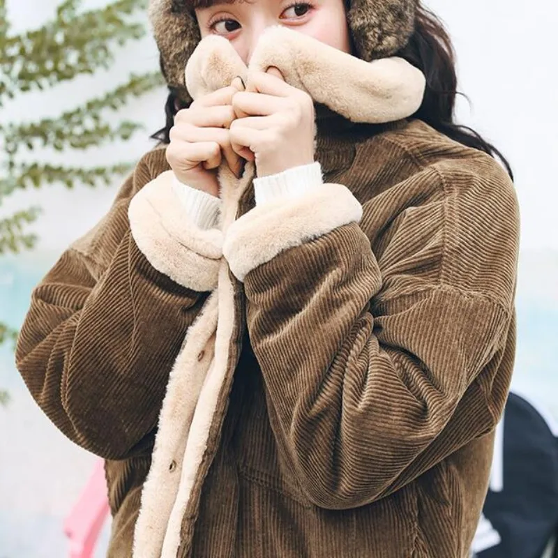 

High Quality Winter Warm Corduroy Female Jacket Fur Lining Thicken Womens Short Coat Fur Collar Loose Fit Boyfriend Streetwear